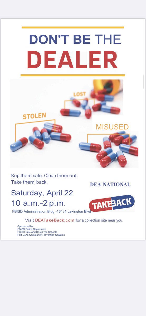 Drug Take Back Tomorrow, Saturday 22nd 10am-2pm. This is a safe opportunity to dispose of any expired or no longer needed prescription drugs.