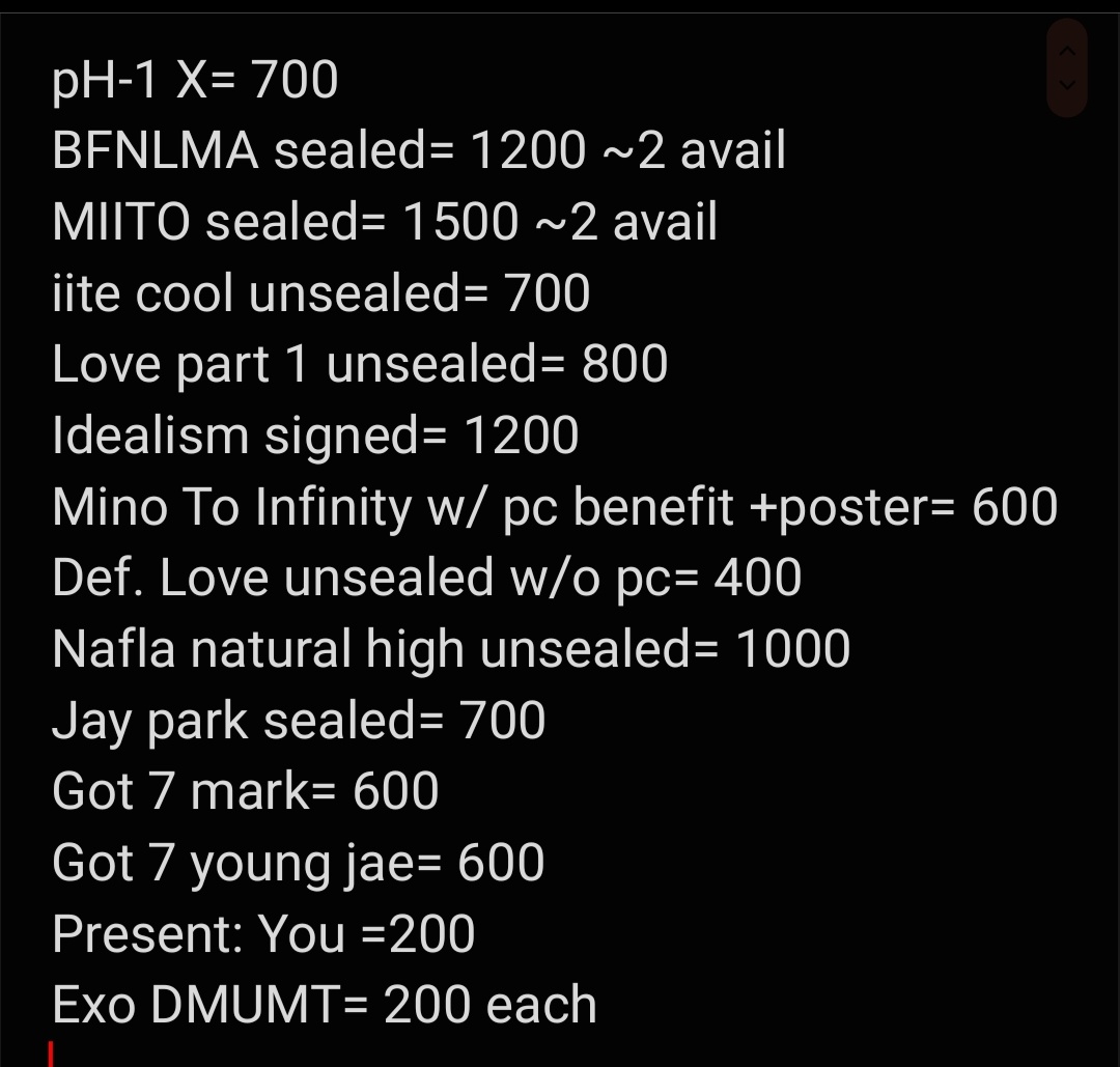 junwonjaebum's tweet photo. WTS/ LFB

Various albums
Php 400- 1,500
Prices on 2nd pic +lsf
MOP: gcash, bpi
MOD: ggx, sdd

pH-1, Got7, nafla, Jay park, Def., jayb, mino, exo, dpr Ian, dpr live, Colde

Idealism, miito, BFNLMA, iite cool, to infinity, natural high https://t.co/9Q0IpSi1WX