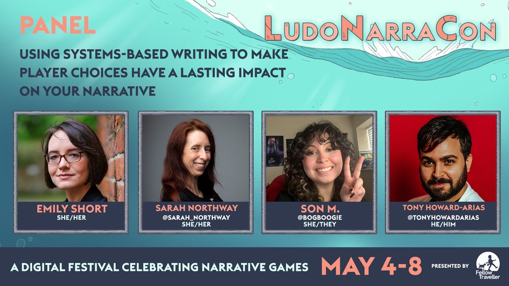 One of my favorite things about narrative design in games is how interactivity and mechanics shift the way you get to tell stories.

So excited to have an opportunity to host a panel on just that with some very cool and talented people for #LudoNarraCon 

Keep your eyes peeled!