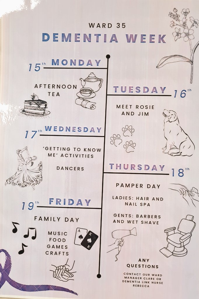 SamanthaJane555's tweet photo. Ward 35 have planned some great activities for #dementiaweek Feel free to pop down to have a cuppa with our lovely staff and patients @BevTab @mikerobo010981 @KeithRafferty88 @LivHospitals https://t.co/pMX5ytz7oS