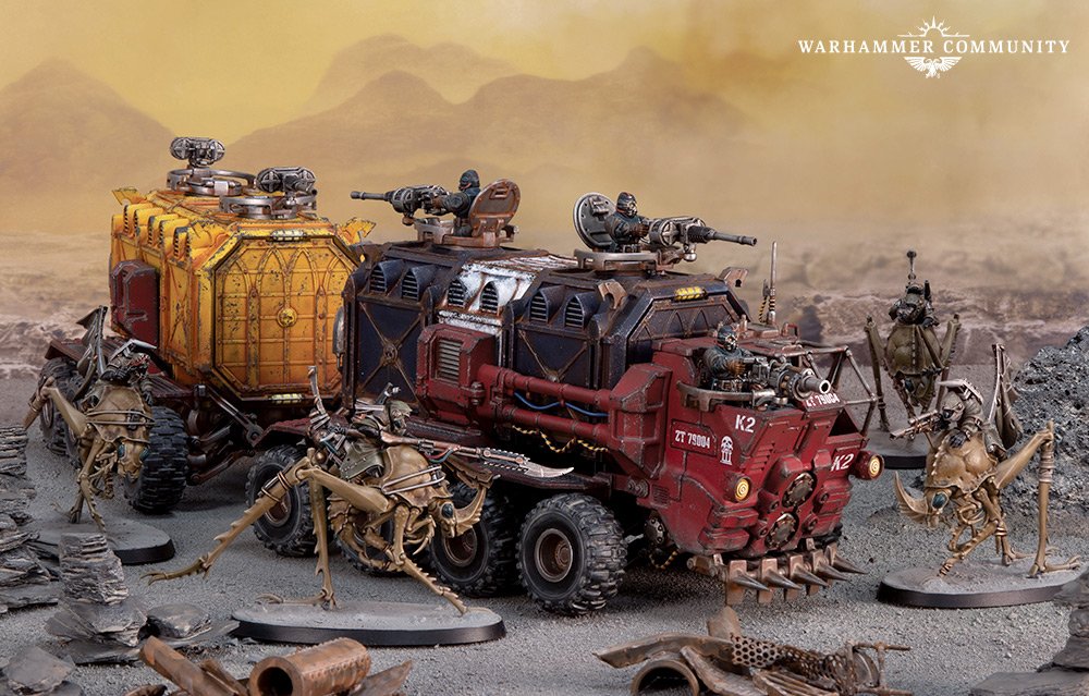 LexGarrett's tweet photo. So the Imperialis Militia list for Horus Heresy lets you field them as "kinfolk helots" (aka Squats)... and you can take squadrons of Cargo-8s... so you can make squat land trains!

I'm gonna have to make so many will saves... https://t.co/5F8ByqjNNz