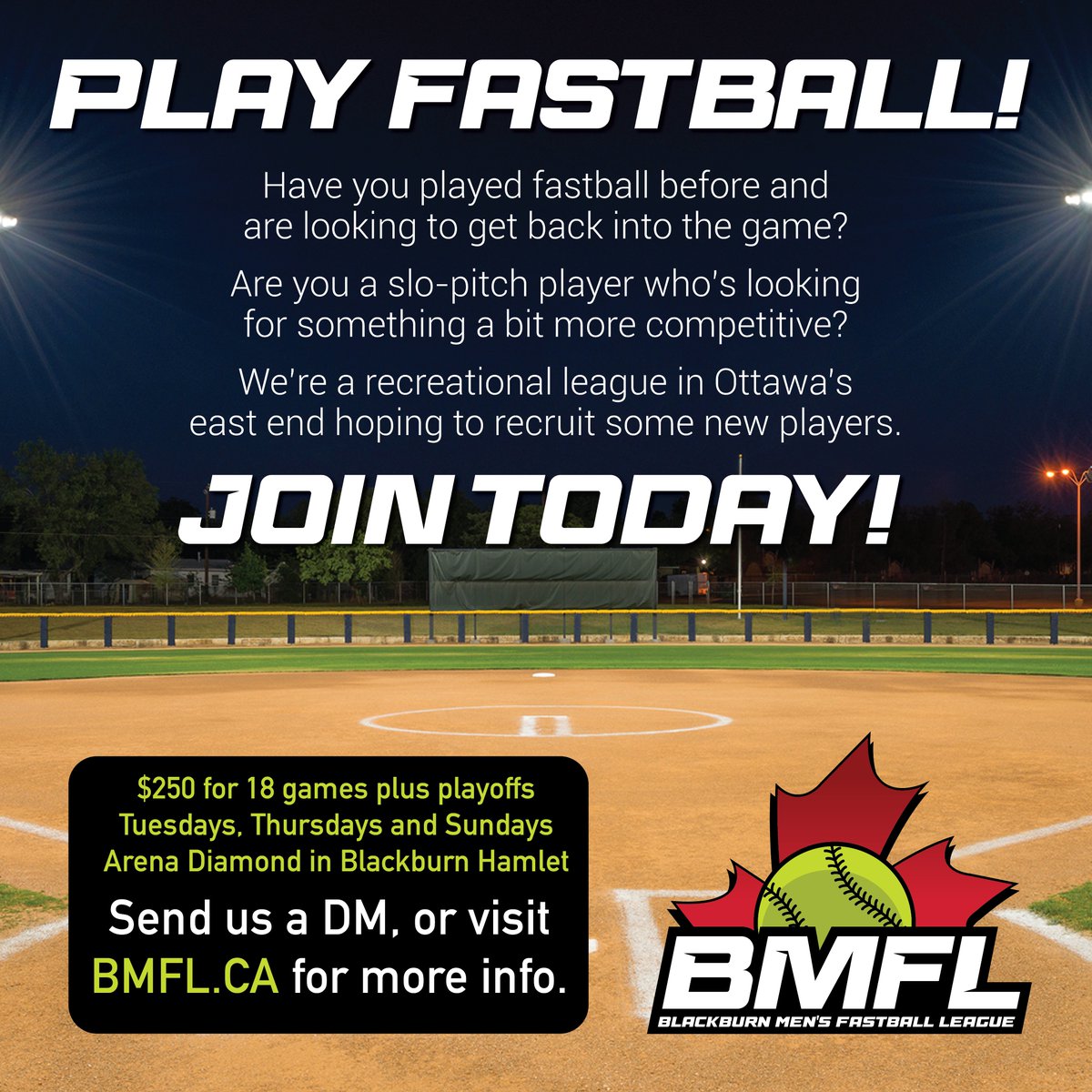 BMFLFastball's tweet photo. We're a fun 7-team rec league that's been around since 1982! Teams play 1-2 times a week on Tuesdays, Thursdays or Sundays. (Long weekends excluded). Great group of players who'd very much welcome new talent!
@SoftballCanada @ottawacity @TSN1200 https://t.co/lUKi0vfMIp