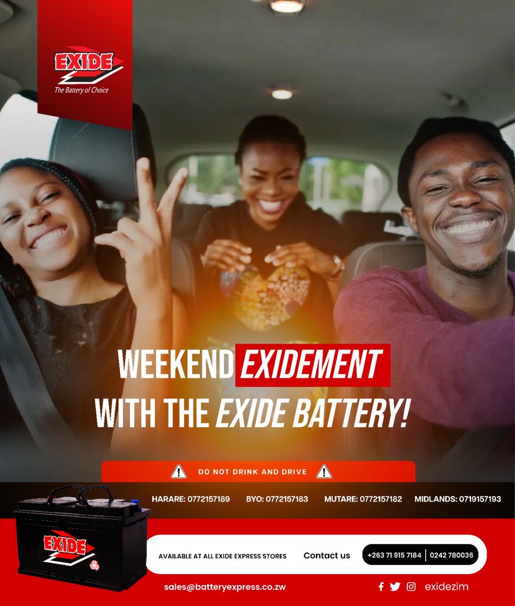 Exide Zimbabwe (@exidezim) on Twitter photo The weekend is here! Are you Exided!
Harare 0772157189
Byo 0772157183
Mutare 0772157182
Midlands/Masvingo 0719157193
Marketing 0719157184
sales@batteryexpress.co.zw
#exidetriedandtested
#thebatteryofchoice
<a href="/hararemagazine/">Harare Magazine</a> <a href="/ZimtravelTravel/">Zimtravel Magazine</a> <a href="/KUDZIELISTER2/">KUDZIELISTER</a> @IdeasZaka <a href="/EsteemComms/">Esteem Communications</a> The weekend is here! Are you Exided!
Harare 0772157189
Byo 0772157183
Mutare 0772157182
Midlands/Masvingo 0719157193
Marketing 0719157184
sales@batteryexpress.co.zw
#exidetriedandtested
#thebatteryofchoice
<a href="/hararemagazine/">Harare Magazine</a> <a href="/ZimtravelTravel/">Zimtravel Magazine</a> <a href="/KUDZIELISTER2/">KUDZIELISTER</a> @IdeasZaka <a href="/EsteemComms/">Esteem Communications</a>