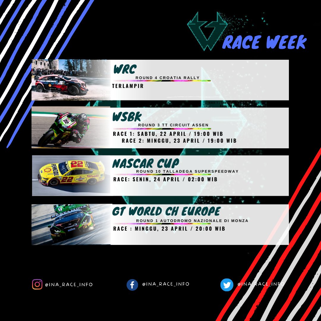 InaRaceInfo1's tweet photo. Cek ALT untuk informasi tempat nonton balap

#WRC #Wsbk #NASCAR #Gtworldcheu #FormulaE #GT2europeanseries #ELMS  #Motoamerica #GT4Europeanseries #LMC #Balapindo #Balapan https://t.co/4DJCLtf8ux