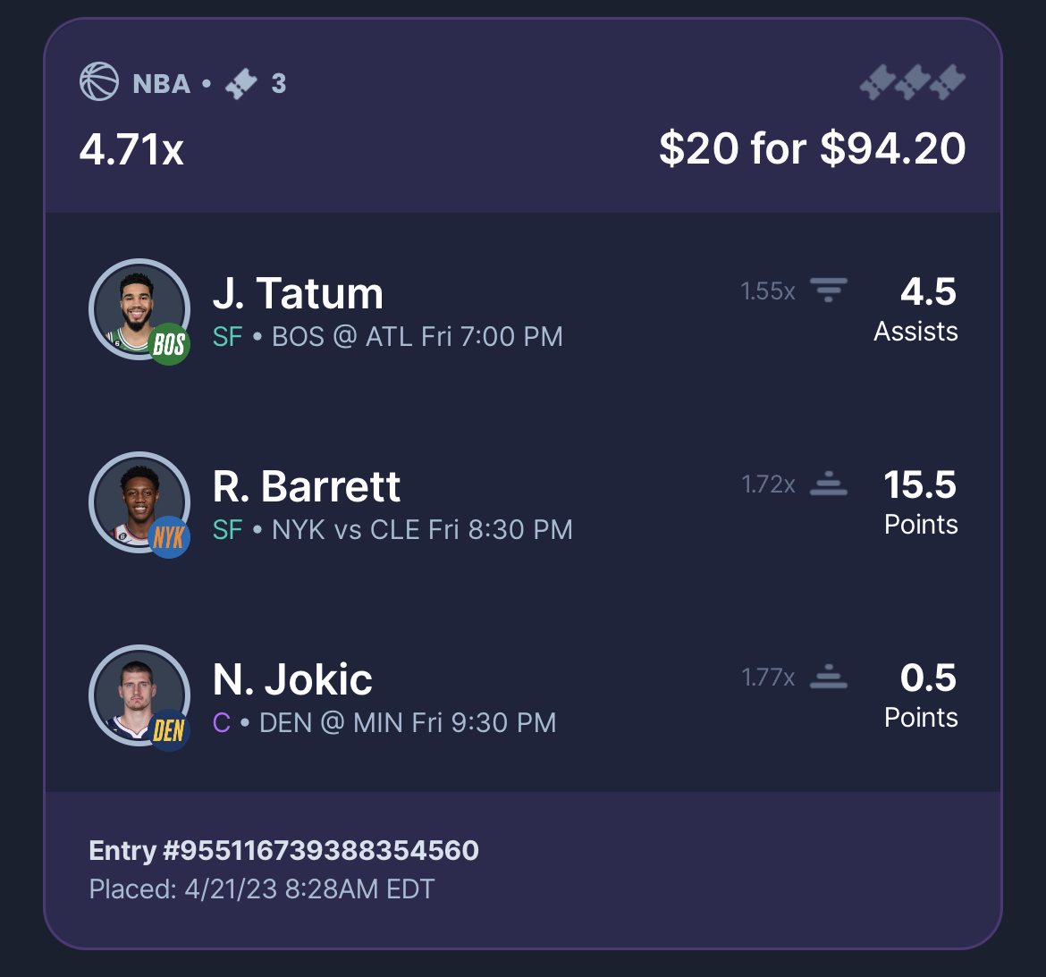 CallingOurShot's tweet photo. Here's how I am using the Sleeper FREE Square for Jokic to score 1 point!

3 Legs. 3 Winners!

Get a 100% Deposit Match when you sign up with code ‘COS’

Click Here: https://t.co/qAbivpm3sn https://t.co/suXtI4l8rf