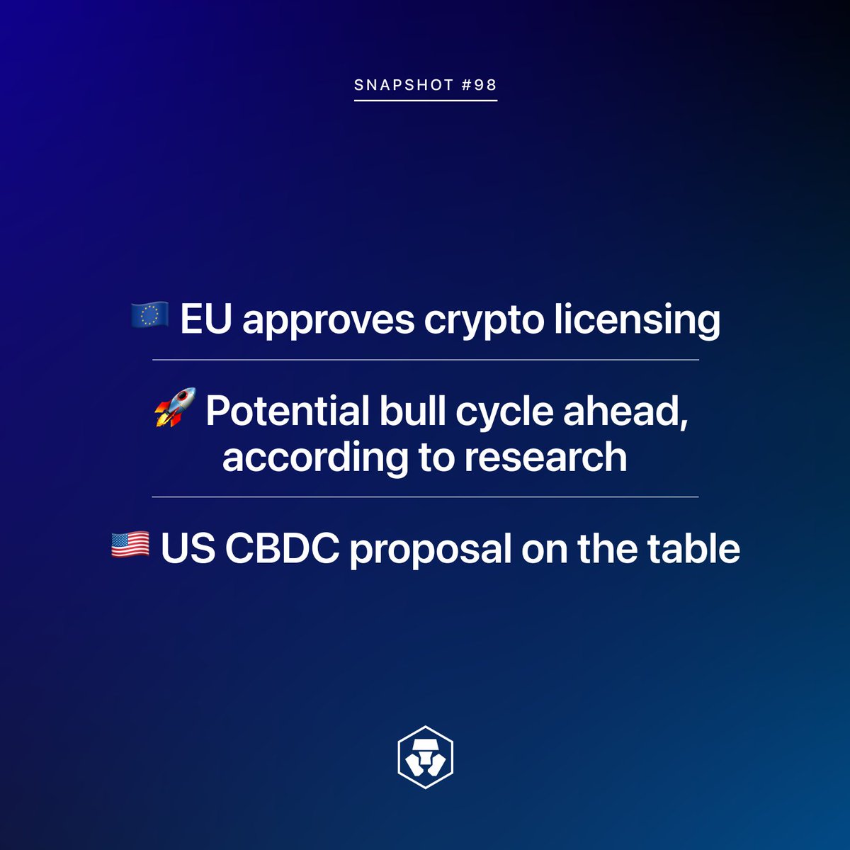 cryptocom's tweet photo. Your weekly #crypto snapshot is here...

🇪🇺 EU approves crypto licensing
🚀 Potential bull cycle ahead?
🇺🇸 US CBDC proposal on the table

Get the details 👇
https://t.co/KouBCwPK6Y https://t.co/uYMog3ZhPo