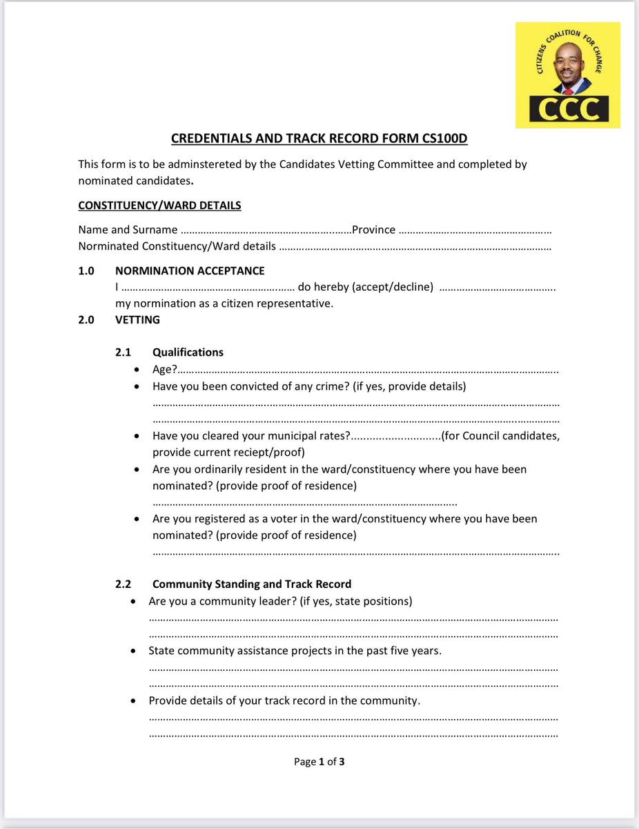 ProfJNMoyo's tweet photo. #LastPoint

#CCC'S CREDENTIALS AND TRACK RECORD FORM CS100D 

There is no rhyme or reason for using a poorly designed ‘Form” – purported to be a “meritocratic yardstick” or a technical method for scouting “qualified political leaders” – which is littered with misspellings of common words, like ‘nomination’ misspelt as ‘normination’; coupled with terribly constructed questions that are replete with sophomoric errors of commission and omission, whose highlight is an embarrassing question asking the party's prospective nominees for general election candidates to “provide details of your proven loyalty to The Creator”.

Nothing beats a Curriculum Vitae (CV) whether for the purpose of security vetting; or the purpose of providing one’s personal history or record; or the purpose of detailing one’s professional qualifications, skills and competencies; or the purpose of sharing one's values, faith, family or hobbies; or the purpose of including any relevant information as may be required by the user of the CV.

The CV was invented precisely for the purpose, hence everyone around the world uses it accordingly. 

No need to reinvent the wheel. 

Should a questionnaire be necessary, to get particular information not easily or reasonably providable in a CV, then that questionnaire should be professionally designed not just as a form, but as a data tool whose input is amenable to scientific analysis, removed from self-serving mumbo jumbo interpretations.

Lastly, while it is a given and is therefore perfectly understandable that political parties are free to do what they think is best for them and their interests; it must also be understood that when political parties put any information out there in the public domain, then members of the public are fully entitled to scrutinise or to critique that information with no holds barred.

#CCC’s ‘Credentials and Track Record Form CS100D’ – which asks the party���s prospective nominees for the 2023 general election candidates to “provide details of your proven loyalty to The Creator” - was shared in these streets yesterday by @nelsonchamisa, the party’s leader.

Accordingly, the chips should lie where they fall as far as public scrutiny of the document is concerned. 

As a document, #CCC’s ‘Credentials and Track Record Form CS100D’ personifies mediocrity and as such, leaves a lot to be desired, coming as it does from a political formation that claims to be the “main opposition” party and “[the] government in waiting". 

It would be irrational and a public disservice not to review or critique the document, when it has been put in the public domain by none other than Nelson Chamisa himself. Leaving it alone with its errors of commission and omission would risk normalising mediocrity purely on political grounds!
