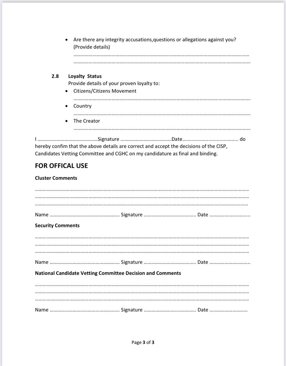 ProfJNMoyo's tweet photo. #LastPoint

#CCC'S CREDENTIALS AND TRACK RECORD FORM CS100D 

There is no rhyme or reason for using a poorly designed ‘Form” – purported to be a “meritocratic yardstick” or a technical method for scouting “qualified political leaders” – which is littered with misspellings of common words, like ‘nomination’ misspelt as ‘normination’; coupled with terribly constructed questions that are replete with sophomoric errors of commission and omission, whose highlight is an embarrassing question asking the party's prospective nominees for general election candidates to “provide details of your proven loyalty to The Creator”.

Nothing beats a Curriculum Vitae (CV) whether for the purpose of security vetting; or the purpose of providing one’s personal history or record; or the purpose of detailing one’s professional qualifications, skills and competencies; or the purpose of sharing one's values, faith, family or hobbies; or the purpose of including any relevant information as may be required by the user of the CV.

The CV was invented precisely for the purpose, hence everyone around the world uses it accordingly. 

No need to reinvent the wheel. 

Should a questionnaire be necessary, to get particular information not easily or reasonably providable in a CV, then that questionnaire should be professionally designed not just as a form, but as a data tool whose input is amenable to scientific analysis, removed from self-serving mumbo jumbo interpretations.

Lastly, while it is a given and is therefore perfectly understandable that political parties are free to do what they think is best for them and their interests; it must also be understood that when political parties put any information out there in the public domain, then members of the public are fully entitled to scrutinise or to critique that information with no holds barred.

#CCC’s ‘Credentials and Track Record Form CS100D’ – which asks the party���s prospective nominees for the 2023 general election candidates to “provide details of your proven loyalty to The Creator” - was shared in these streets yesterday by @nelsonchamisa, the party’s leader.

Accordingly, the chips should lie where they fall as far as public scrutiny of the document is concerned. 

As a document, #CCC’s ‘Credentials and Track Record Form CS100D’ personifies mediocrity and as such, leaves a lot to be desired, coming as it does from a political formation that claims to be the “main opposition” party and “[the] government in waiting". 

It would be irrational and a public disservice not to review or critique the document, when it has been put in the public domain by none other than Nelson Chamisa himself. Leaving it alone with its errors of commission and omission would risk normalising mediocrity purely on political grounds!