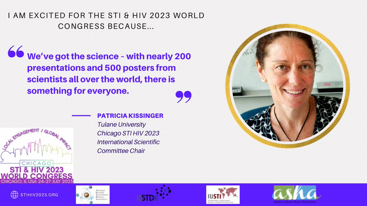 Dr. Patricia Kissinger is excited for #ISSTDR #STIHIV2023 are you? Register today so that you can learn from the nearly 200 presentations and 500 posters!!! stihiv2023.org/registration-i… Only 94 days till #STIHIV2023 begins! @ASTDA1 @IUSTI_World @InfoASHA