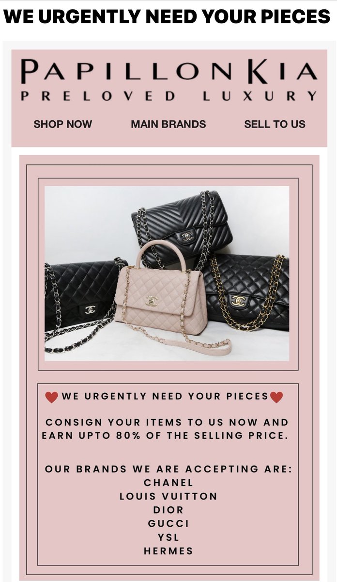 Papillonkia's tweet photo. WE NEED YOUR BAGS❤️
CONSIGN TO US.! 
1. Go to our website https://t.co/N31XxktbC4
2. Click sell to us
3. Fill in the form…. That’s it!
.
#sustainablefashion #vintagefashion #circulareconomy #prelovedfashion #preowned #chanel #dior #louisvuitton #hermes #gucci #ysl https://t.co/mw4vmDyw06