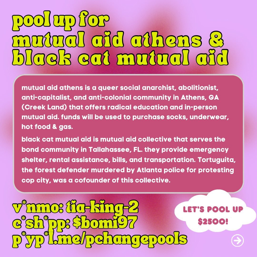pc_pools's tweet photo. good morning fotp! 🌞 today we’re doing a split pool for @MutualAidAthens, which is on the front lines of #StopCopCity, and Black Cat Mutual Aid, which was cofounded by Tortuguita, the forest defender murdered by the Atlanta Police Department. let’s raise *at least* $2500!!! 😤😤 https://t.co/s6tG07rHNs