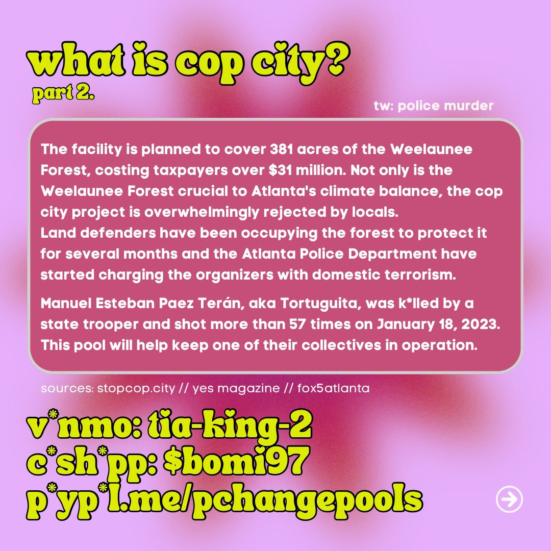 pc_pools's tweet photo. good morning fotp! 🌞 today we’re doing a split pool for @MutualAidAthens, which is on the front lines of #StopCopCity, and Black Cat Mutual Aid, which was cofounded by Tortuguita, the forest defender murdered by the Atlanta Police Department. let’s raise *at least* $2500!!! 😤😤 https://t.co/s6tG07rHNs