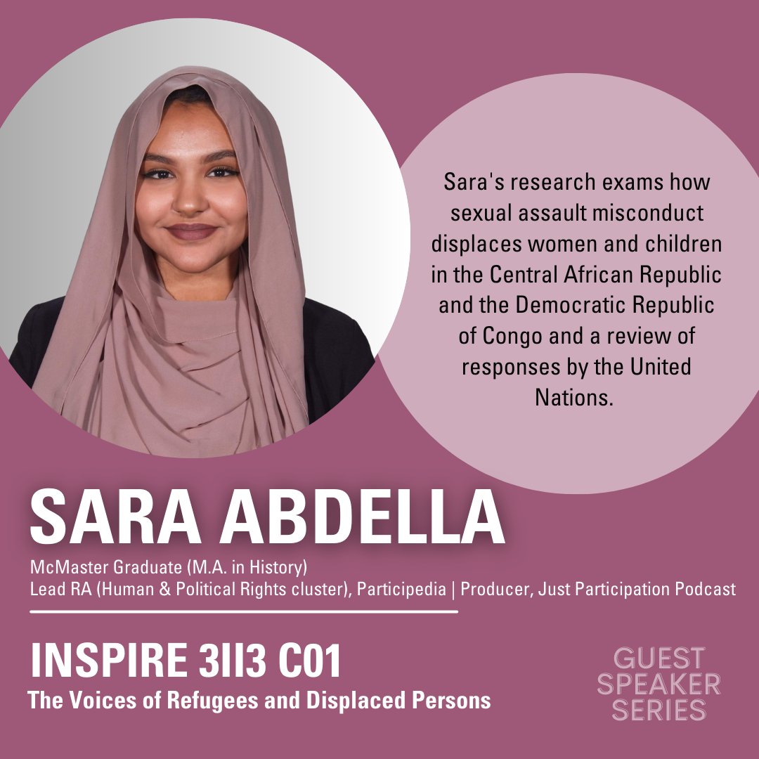 MacIntersession's tweet photo. Hey @McMasterU 👋 Meet Sara! Her research varies from gender equality, the protection of women &amp; children, African colonialism, human rights, &amp; comparative politics. 

She will be a guest speaker in INSPIRE 3II3 C01 - The Voices of Refugees &amp; Displaced Persons this May! https://t.co/yzibgGJwWS