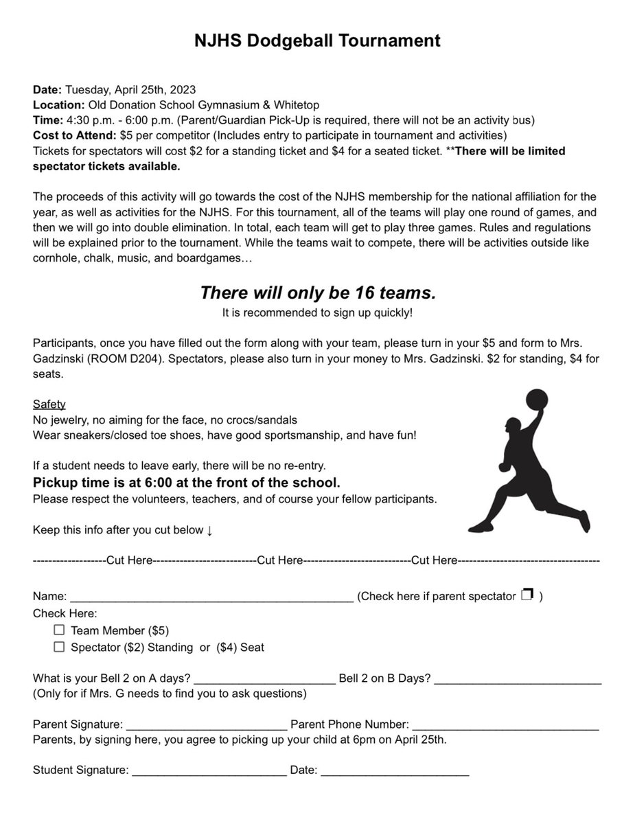 Calling all Middle School <a href="/BrickellAcademy/">Old Donation School</a> students. There are open spots for teams to join. <a href="/ODS_NJHS/">ODS NJHS</a> students are organizing Dodgeball Tournament on Tuesday, April 25th after school until 6pm. Form a team and bring in the permission form to Ms. Gadzinski by Monday, April 24th.