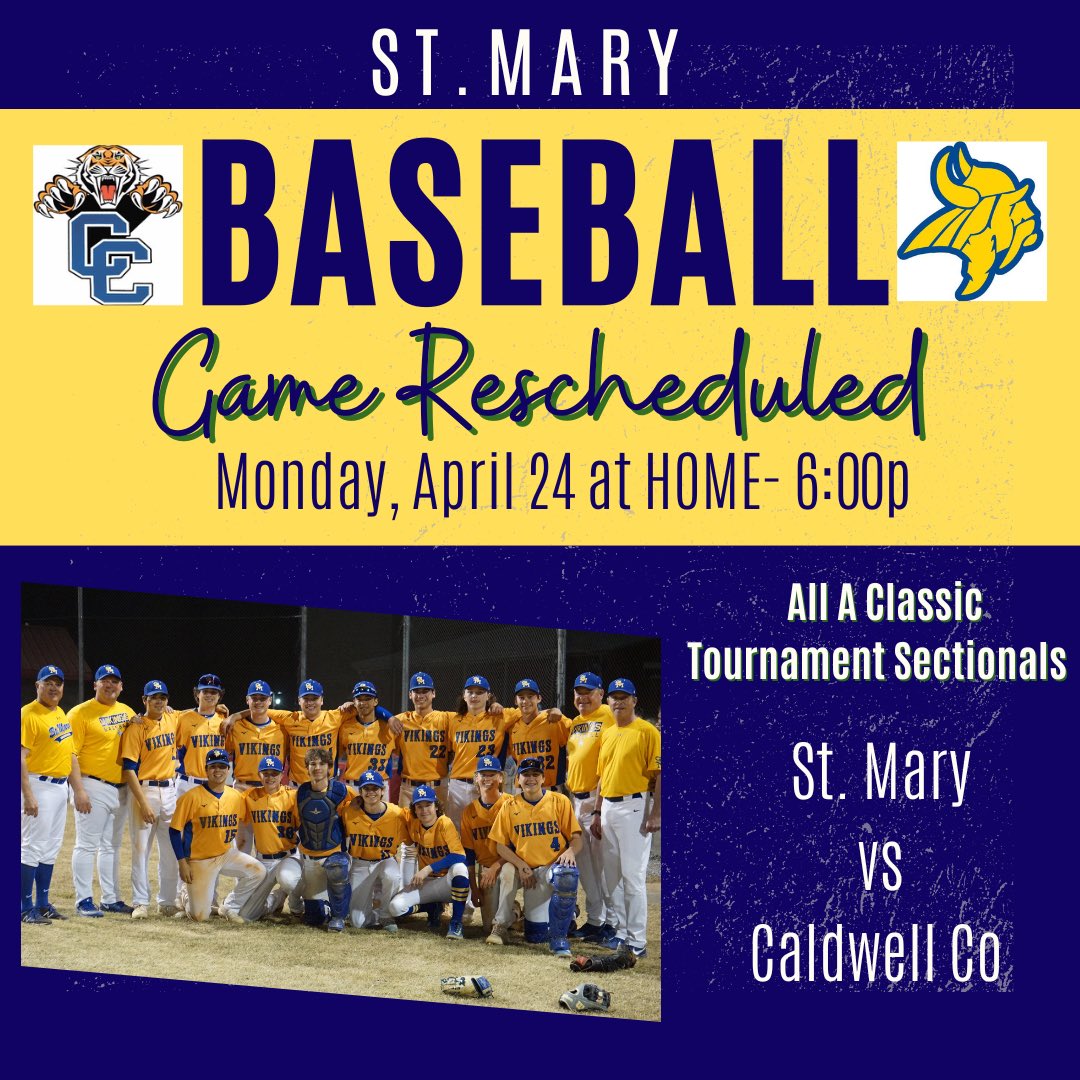 vikings_st's tweet photo. The rain has shut us down today so we’ve rescheduled our All A Classic sectional game for Monday, April 24 @ 6:00 - St. Mary High School! @StMaryPaducah @stm_vikings @caldwell_tigers @TheAdamBWells @jcjensen94 @WestKYSportsNet @chelseabrooke https://t.co/U7lWW4huYI