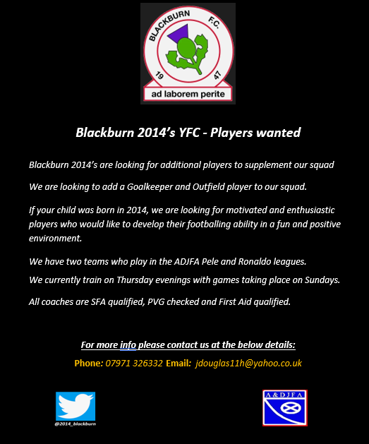 2014_blackburn's tweet photo. A couple of spaces have become available to join our group of enthusiastic footballers! 
@AFCCT @ScotFANorth @ADJFA_Updates #LetThemPlay https://t.co/RF4trgLm7q