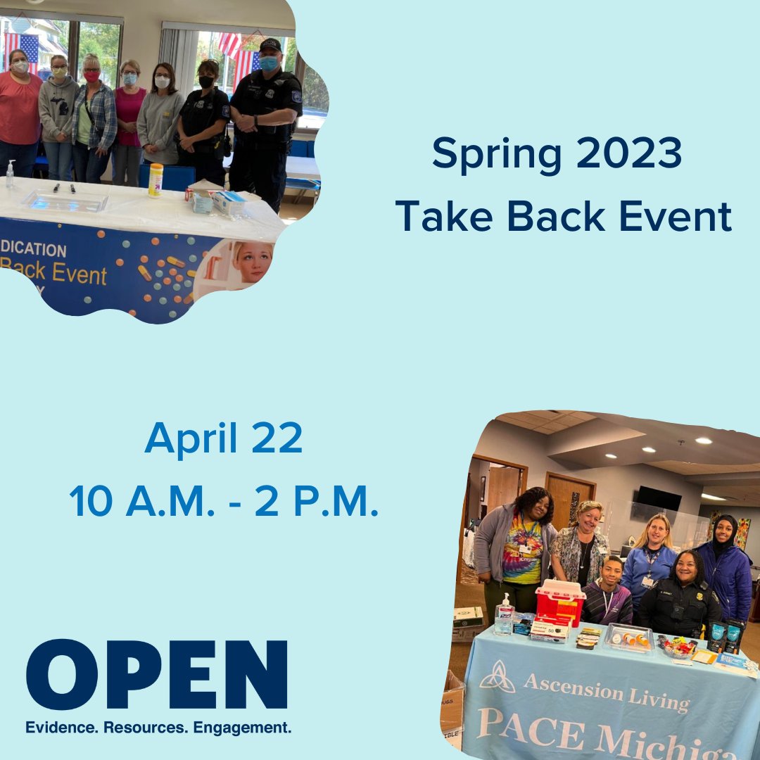 Tomorrow is the Spring 2023 Take Back Event! We can't wait to see you at one of our sponsored sites tomorrow! 

Find out how you can participate here: michigan-open.org/events/take-ba…

#open #opioidprevention #painmanagement #safedisposal #TakeBackDay #TakeBackDay2023