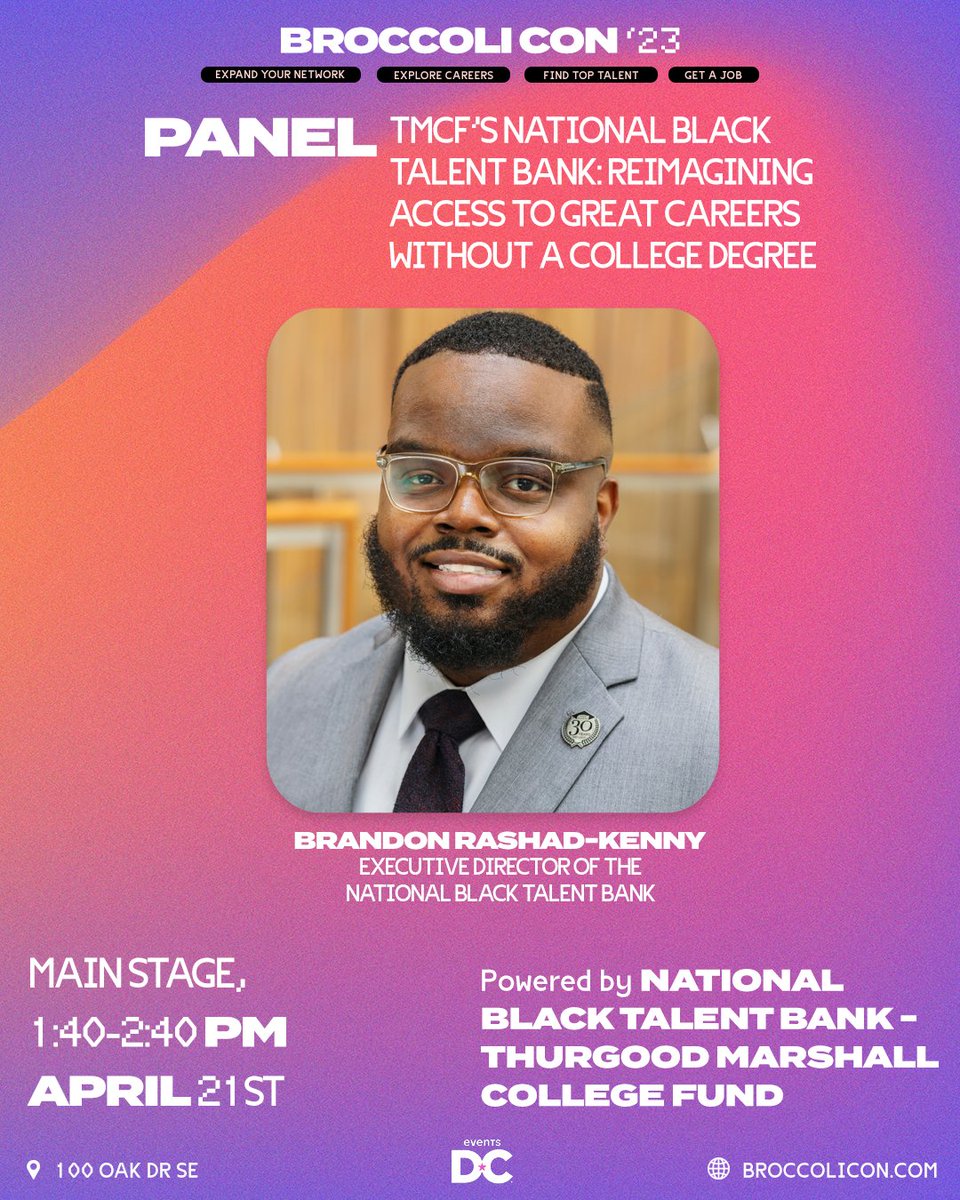NBTB_TMCF's tweet image. Today, we are in DC! Join us for @BroccoliCity's #BroccoliCon, a free career expo for minority young professionals &amp;amp; individuals seeking job opportunities. Attend our session at 1:40 pm led by #NBTB Executive Director Brandon-Rashad Kenny and stop by our booth for more! #DC #jobs