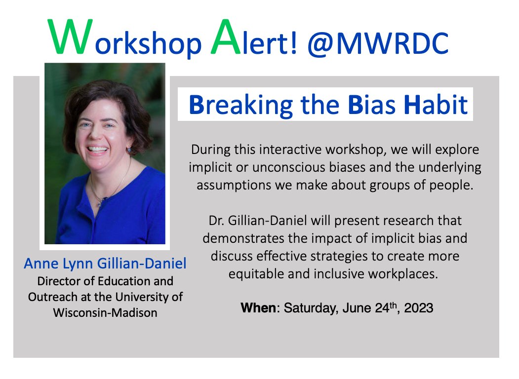 Diversity_Chem's tweet photo. Super excited for the upcoming workshop on "Breaking the Bias Habit" that will be led by Anne Lynn Gillian-Daniel!
When: Saturday, June 24th, 2023 
Register for MWRDC: https://t.co/iJGSI0A5Qo 
#mwrdc #DEI #breakthebiashabit https://t.co/IBzG8dYi1K