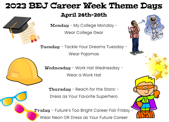 April 24th-28th is Career Week at BEJ. We will celebrate all week with a different theme each day as we explore community helpers and career paths. We are excited for the fun that lies ahead!:)