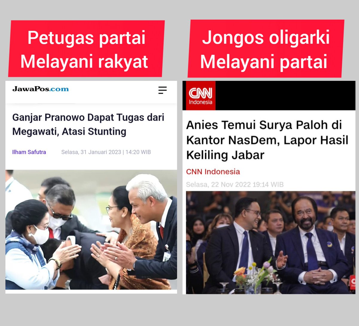 Pilih yang mana?
Petugas partai melayani rakyat atau Jongos oligarki melayani partai.

Ganjar Pranowo retweet 🔁
Anies Baswedan like ♥️

#GanjarCapresPDIP
#RambutPutih