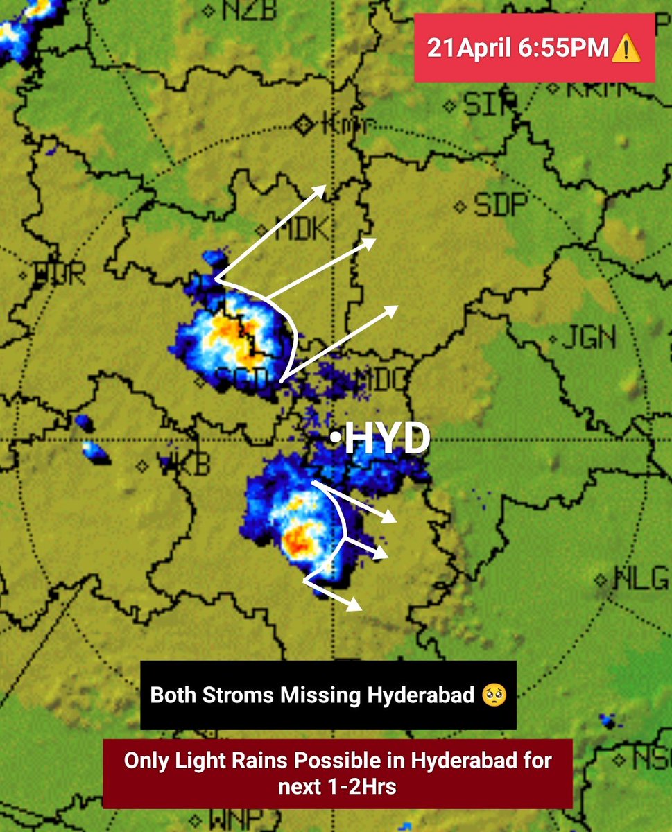 Hyderabadrains's tweet image. #21April 7PM⚠️

#Hyderbad Bad Luck..!🥺

One Strom over Sangareddy moving N-E Towards #Narsapur~Medak Dist.

One Strom Moving S-E Towards #Ibrahimpatnam surroundings 

Only light Rains Possible in City for next 1-2Hrs

#HyderabadRains