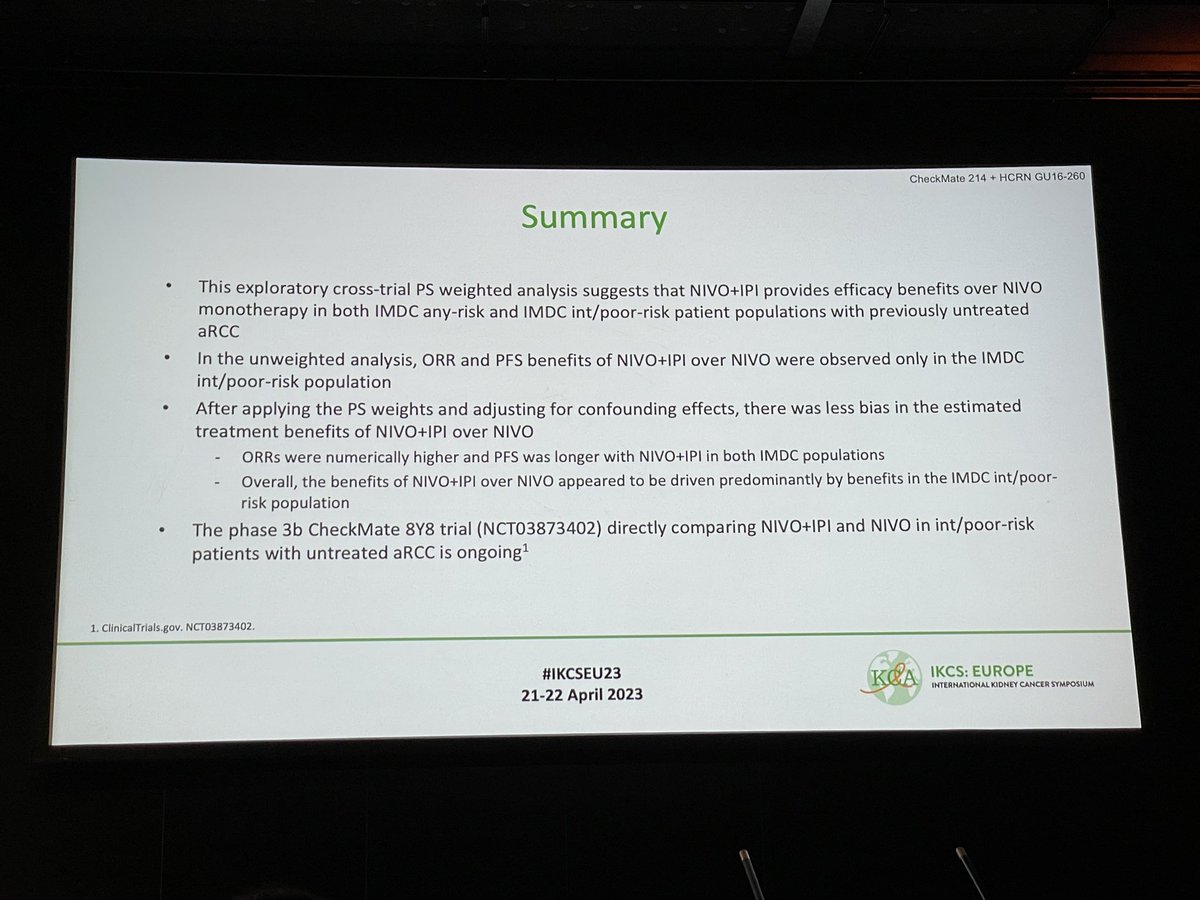 TiansterZhang's tweet photo. #MikeAtkins with an astute look at propensity risk scoring for Checkmate214 & @hoosiercancer GU trials — ipi-nivo benefit driven still from the IMDC intermed-poor risk group. #IKCSEU23 @KidneyCancer @OncoAlert https://t.co/fbqYVIrQdi