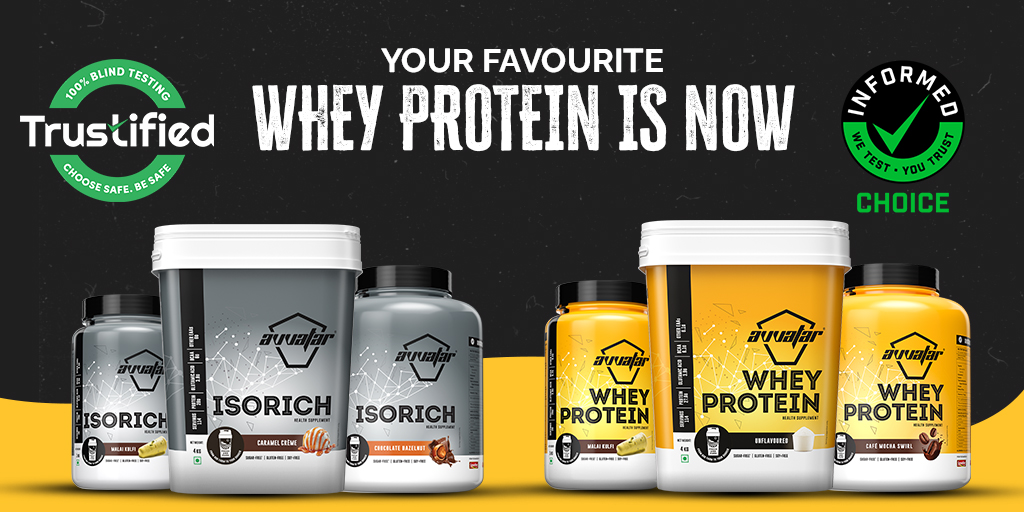 AvvatarIndia's tweet photo. Fuel your gains with confidence! @avvatarindia whey protein is now certified by both Informed Choice as well as  Trustified.
#AvvatarIndia #ReconstructYourself #Avvatar #IndianGym #Motivation #IndianBodyBuilding #GymLover #Nutrition #Athletes #ProteinShake #Gym #ProteinPowder https://t.co/fQCWqR5LJg