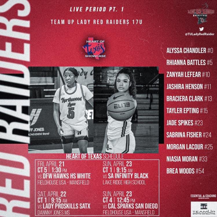 College coaches here is the schedule for the Lady RED RAIDERS for the HEART OF TEXAS EVENT. Great talent on this team 17u &amp; 16u #DALLASTEXAS #HeartofTexas