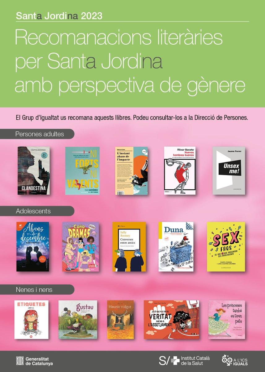 Amb motiu de la celebració de la Diada de Santa Jordina, el Grup d’Igualtat ha fet una tria de llibres amb perspectiva de gènere. Aquí te'n presentem 5 de cada categoria, però al web de l'#ics els trobaràs tots! ➡️ ow.ly/aBbk50NOVaA 
#SantJordICS #SantJordi2023 #AlICSIguals