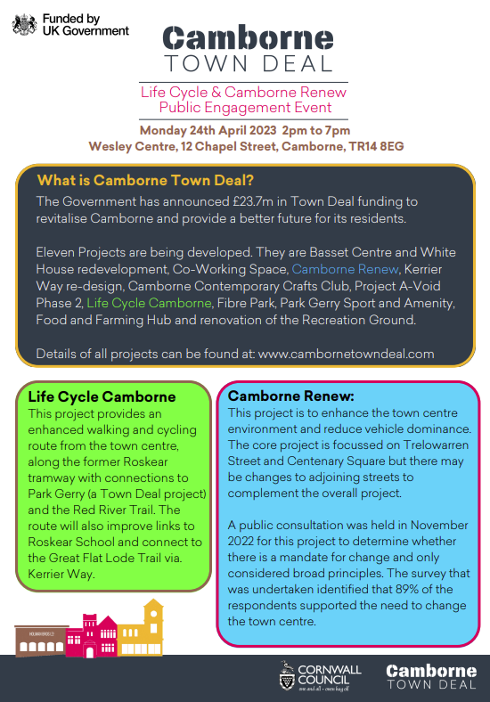 CPIR_CN's tweet photo. The next public consultation for the Camborne Renew and Life Cycle project is being held at The Wesley Centre on Monday 24 April from 2-7pm. This is an opportunity to comment on  the latest design proposals. Everyone is welcome. More details on the flyer below.
#camborne https://t.co/VkwYJHDH43