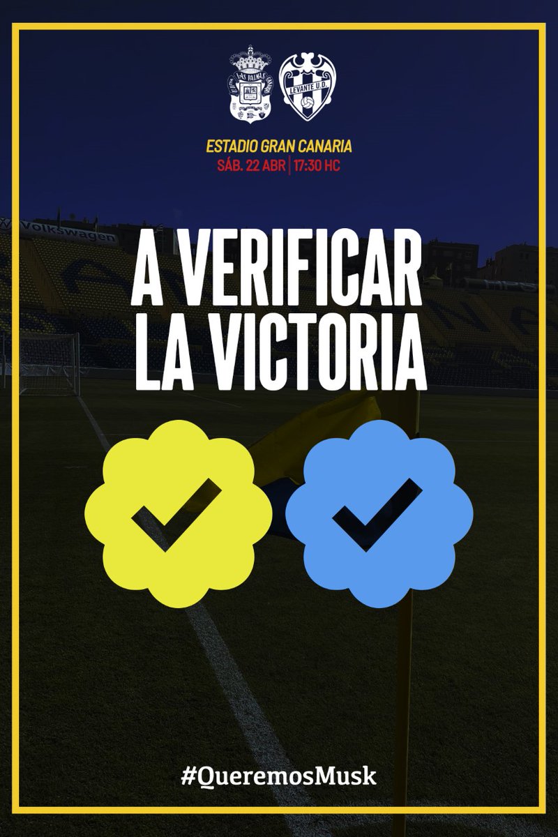 UDLP_Oficial's tweet photo. 👋🏽 ¡Buenos días, afición!
⚔️ Hoy libramos una batalla decisiva ante el @LevanteUD. ¡Defendamos 𝐣𝐮𝐧𝐭𝐨𝐬 nuestro fortín y activemos el 𝗰𝗵𝗲𝗰𝗸 de la victoria! ✅😜 ¡#VamosUD!
#QueremosMusk | #LasPalmasLevante
#LaUniónHaceLasPalmas | @LaLiga https://t.co/NrLsVqJV9w