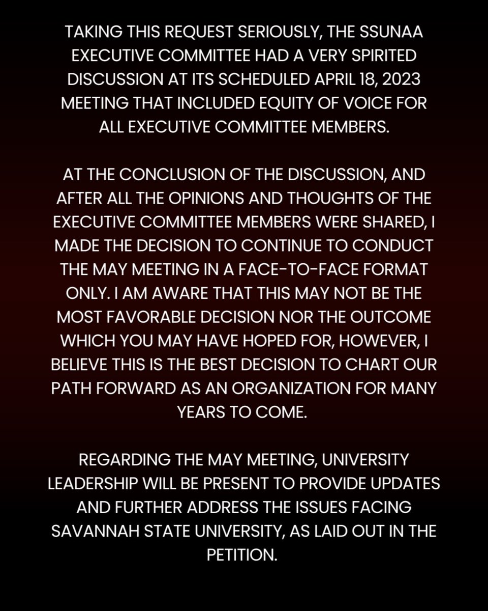 onessu1890's tweet photo. Please see the official statement from President Harold N. Washington regarding his decision for the 2023 May Meeting. 

The event will take place on Saturday, May 6, 2023 at 9am in the SSU King Frazier Ballroom. Register here: https://t.co/Q0homYDhb1 See you there!! #OneSSU https://t.co/xgVyv4rgfz