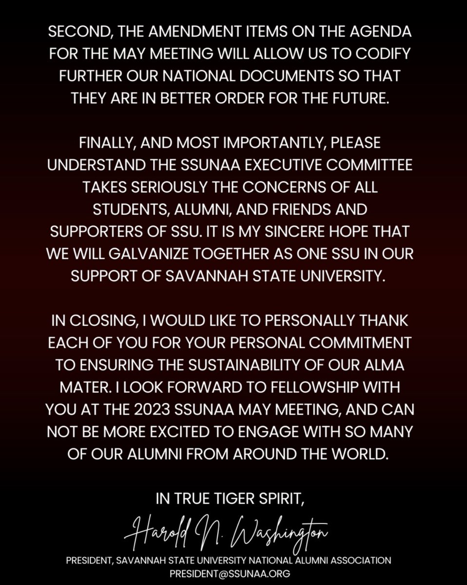 onessu1890's tweet photo. Please see the official statement from President Harold N. Washington regarding his decision for the 2023 May Meeting. 

The event will take place on Saturday, May 6, 2023 at 9am in the SSU King Frazier Ballroom. Register here: https://t.co/Q0homYDhb1 See you there!! #OneSSU https://t.co/xgVyv4rgfz
