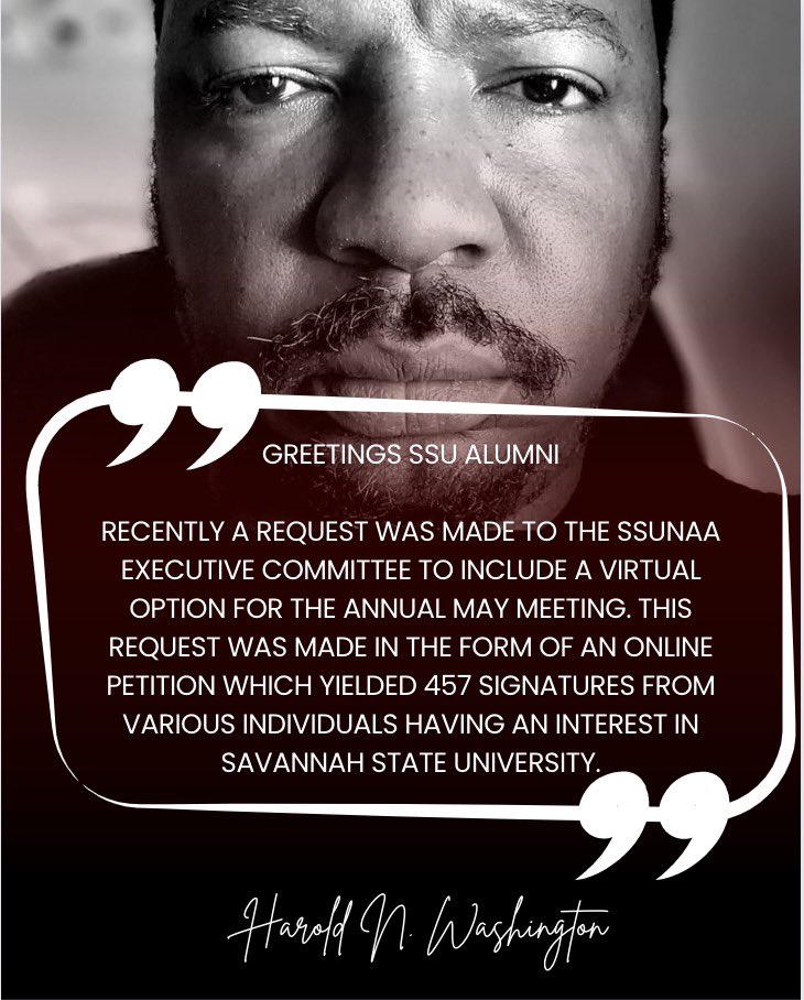 onessu1890's tweet photo. Please see the official statement from President Harold N. Washington regarding his decision for the 2023 May Meeting. 

The event will take place on Saturday, May 6, 2023 at 9am in the SSU King Frazier Ballroom. Register here: https://t.co/Q0homYDhb1 See you there!! #OneSSU https://t.co/xgVyv4rgfz