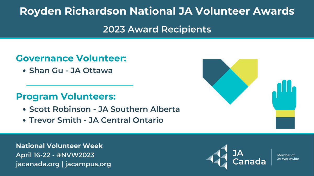 ja_canada's tweet photo. We're delighted to share the recipients of the 2023 Royden Richardson National JA Volunteer Awards! 

Congrats to this year's recipients, we're grateful for your support and commitment to JA! 

Next week, we'll highlight each of these volunteers!

#NVW2023 #JACanada https://t.co/9zHSfvChyc