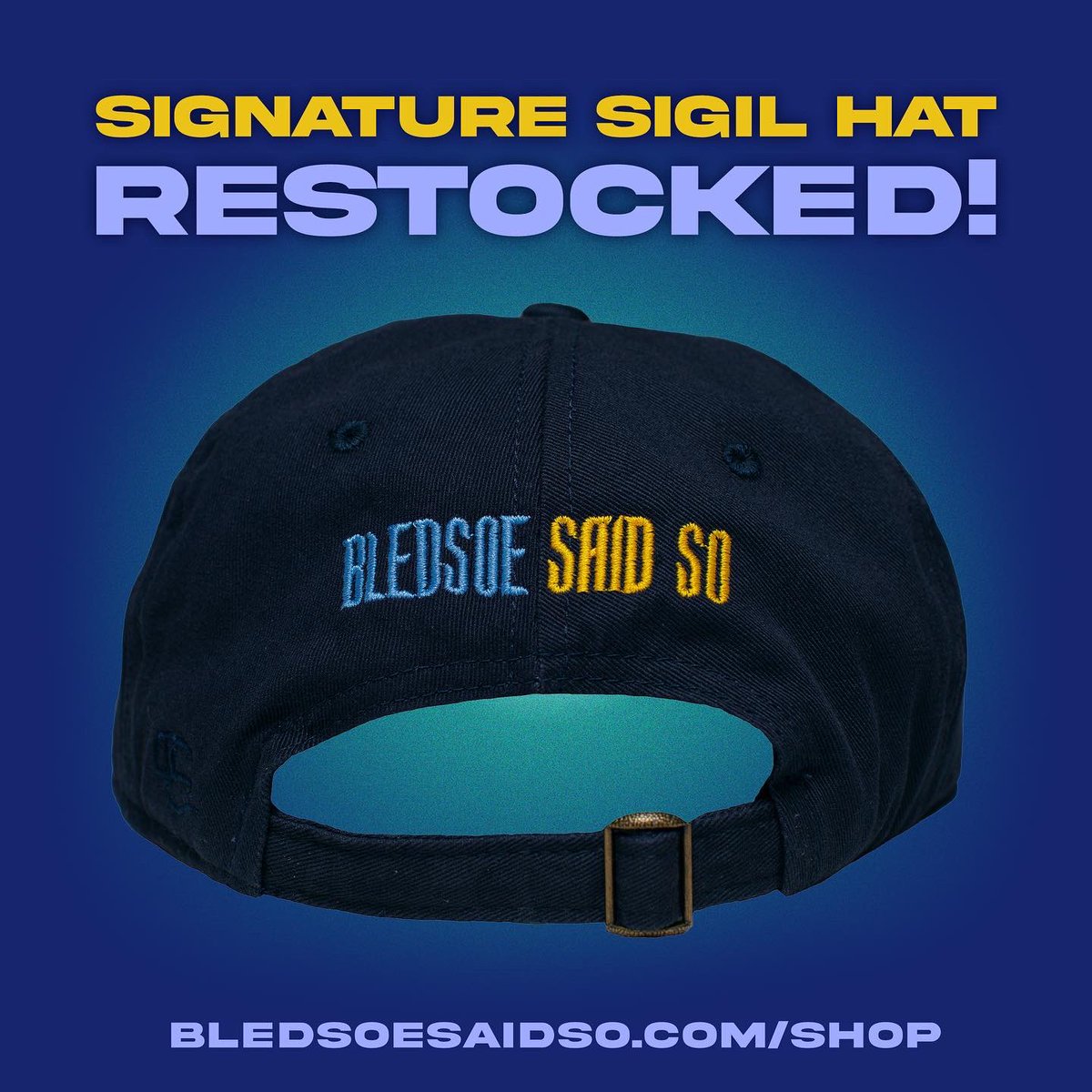 BledsoePodcast's tweet image. We’re sooo excited to announce that our Signature Sigil Hat is restocked! Each comes with a Signature Sigil Sticker and a signed insert from the #bledsoesaidso crew. Check it out here: bledsoesaidso.com/shop/p/bss-sig… 🧢🛸🌟