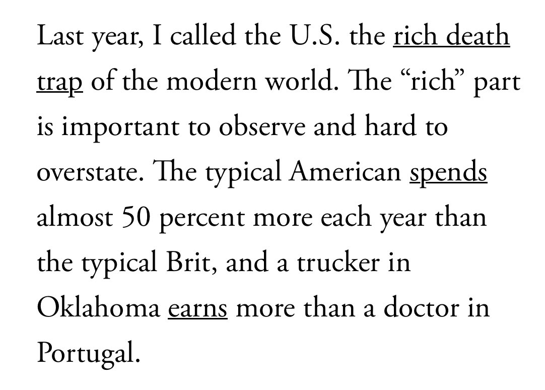 DKThomp's tweet photo. Imagine I offered you, a rich-world resident, a pill w/ two effects. 

1. It increases your disposable income by almost half. 
2. It doubles your odds of dying in the next 365 days. 

The avg American fills a lifetime prescription of this medication and takes the pill nightly. https://t.co/shB82oG4cP