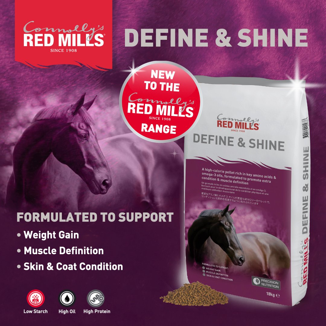 A brand new product to our Redmills range;Introducing  Define & Shine horse feed! Ideal for supporting weight gain,muscle definition as well as coat and skin condition. This feed comes in 18kg sacks and is currently only £24.45 collected or £26.05 delivered whilst stocks last!