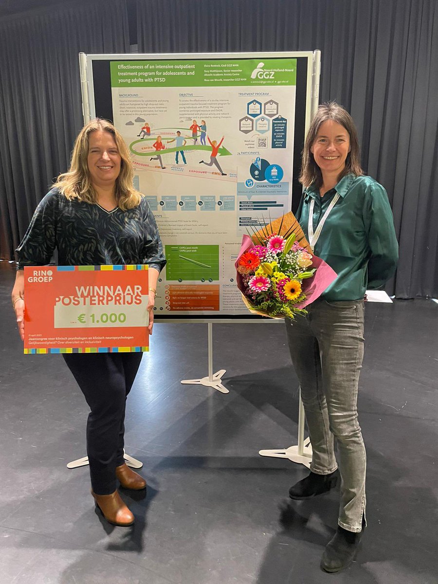 Supertrots op collega Elvira! Vandaag sleepte ze de Rinogroep posterprijs in de wacht met haar onderzoek over de effectiviteit van intensieve traumabehandeling voor jongeren en jongvolwassenen!

#ptss #trauma #ggz #psychiatrie