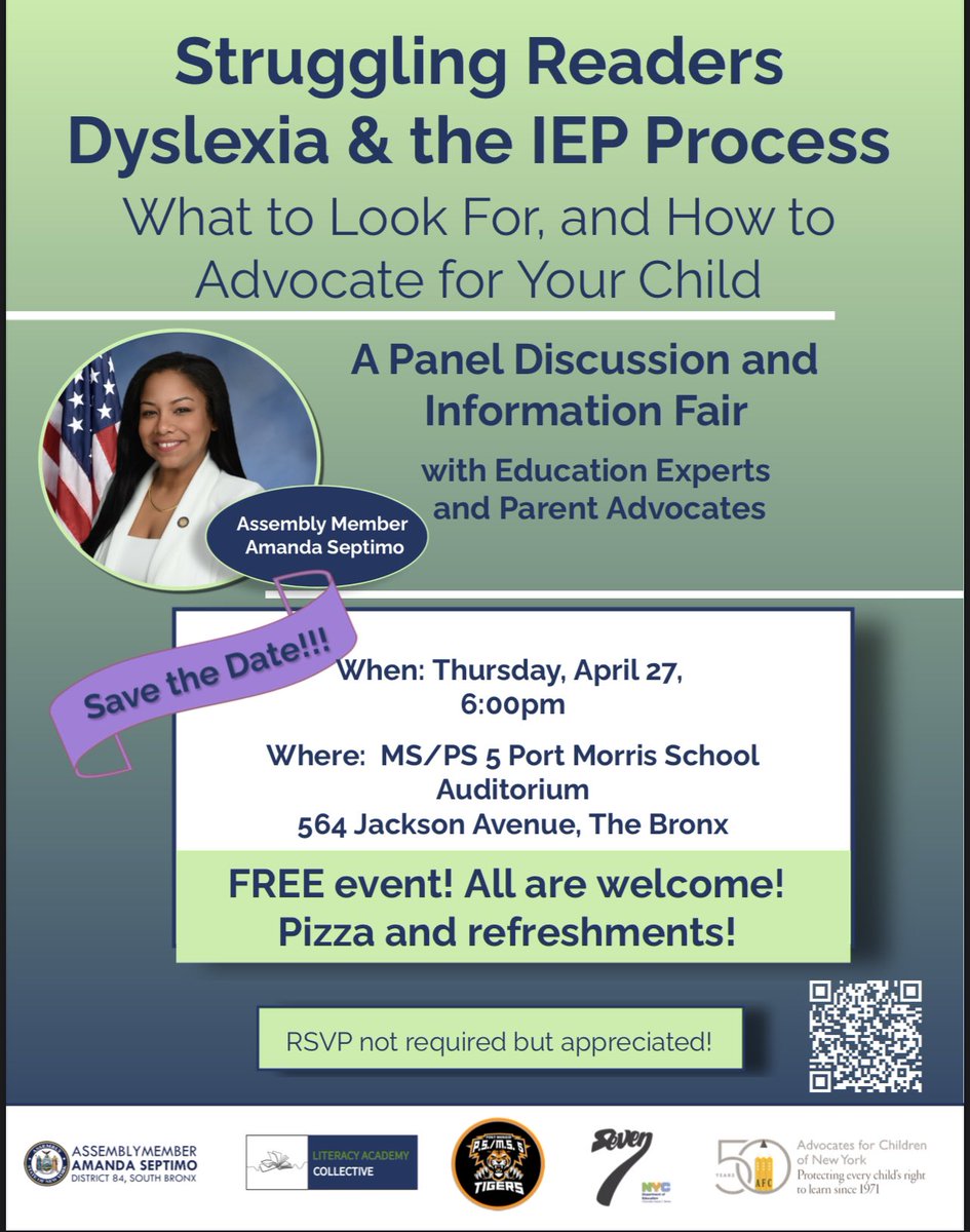 LiteracyAcadNYC's tweet photo. Mark your calendars for next Thursday, April 27 at 6pm. We are hosting a resource fair to support families with struggling readers. 

Assemblymember @AmandaSeptimo will be present to welcome families. Lots of info from @Csd7Bx @AFCNewYork  Thanks to @PSMS5PortMorris for hosting. https://t.co/r3E5wC95ut