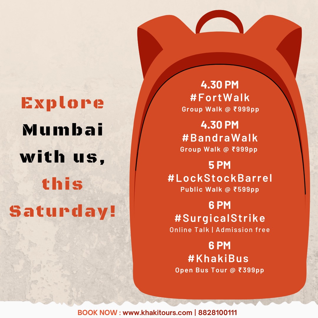 Khaki_Tours's tweet photo. Are you ready to explore Mumbai with us? 

#BandraWalk - Sat, 22nd Apr, 4.30 PM
#FortWalk - Sat, 22nd Apr, 4.30 PM
#LockStockBarrel - Sat, 22nd Apr, 5 PM
#KhakiBus - Sat, 22nd Apr, 6 PM
#SurgicalStrike - Sat, 22nd Apr, 6 PM

📍Book now at: https://t.co/iK2lqaOwlr

#ExploreMumbai #MumbaiCity #ILoveMumbai #MumbaiDarshan #India #FoodTour #HeritageWalks #Things2DoInMumbai #Bandra #Banganga #Fort #IndianHeritage #BestBus #OpenBus #DoubleDecker #ChhatrapatiShivajiMaharaj
