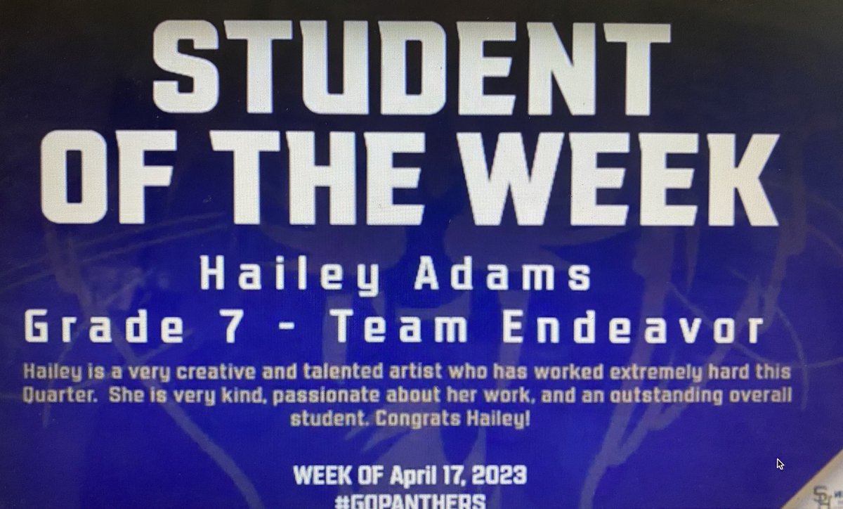 Congratulations to Hailey Adams on earning Student of the Week for Art.  Such a talented and hard working artist.