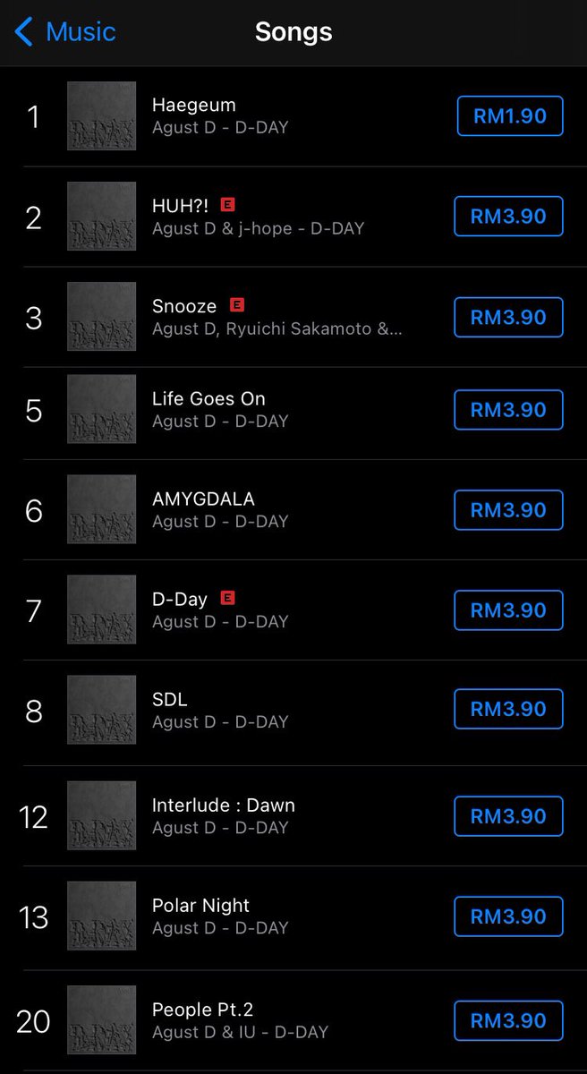 MY_btsarmy's tweet photo. iTunes Malaysia (#D_DAY) 🇲🇾
#1 - Haegeum
#2 - HUH?!
#3 - Snooze
#5 - Life Goes On
#6 - AMYGDALA
#7 - D-Day
#8 - SDL
#12 - Interlude : Dawn
#13 - Polar Night
#20 - People Pt.2
Let’s goo!!!🙌🔥💜
#D_DayOUTNOW #HaegeumOutNow #Haegeum #AgustD_DDay #SUGA #AgustD @BTS_twt https://t.co/H6glFVmDj9