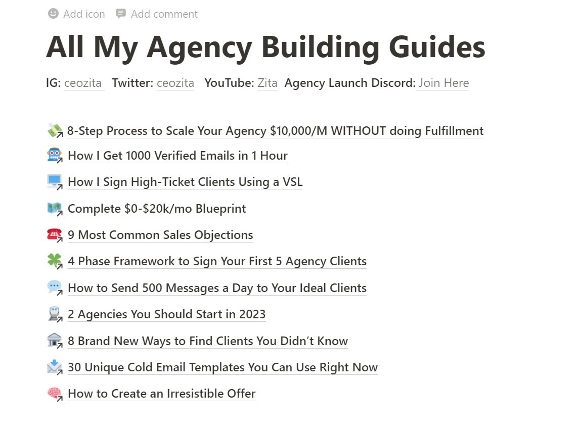 I’ve created 11 in-depth guides that teach how to build a $5k-$15k/mo agency in as little as 45 days

I’m feeling generous and giving away ALL my guides for Free

I should charge $2000+

Like, RT and Comment "Zita" and I'll DM it to you for FREE

(must be following, 24 hrs only)