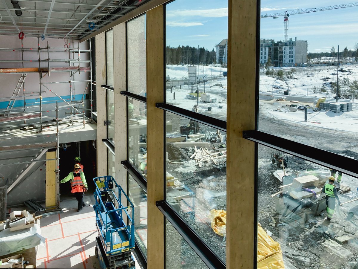 VerstasArch's tweet photo. Our project in Kangasala is advancing. Lamminrahka Education Centre will be built in two phases of which the first one will be completed this autumn. Currently, the interior and exterior finishes are being completed. @Lamminrahka https://t.co/LTyqzZEVWH