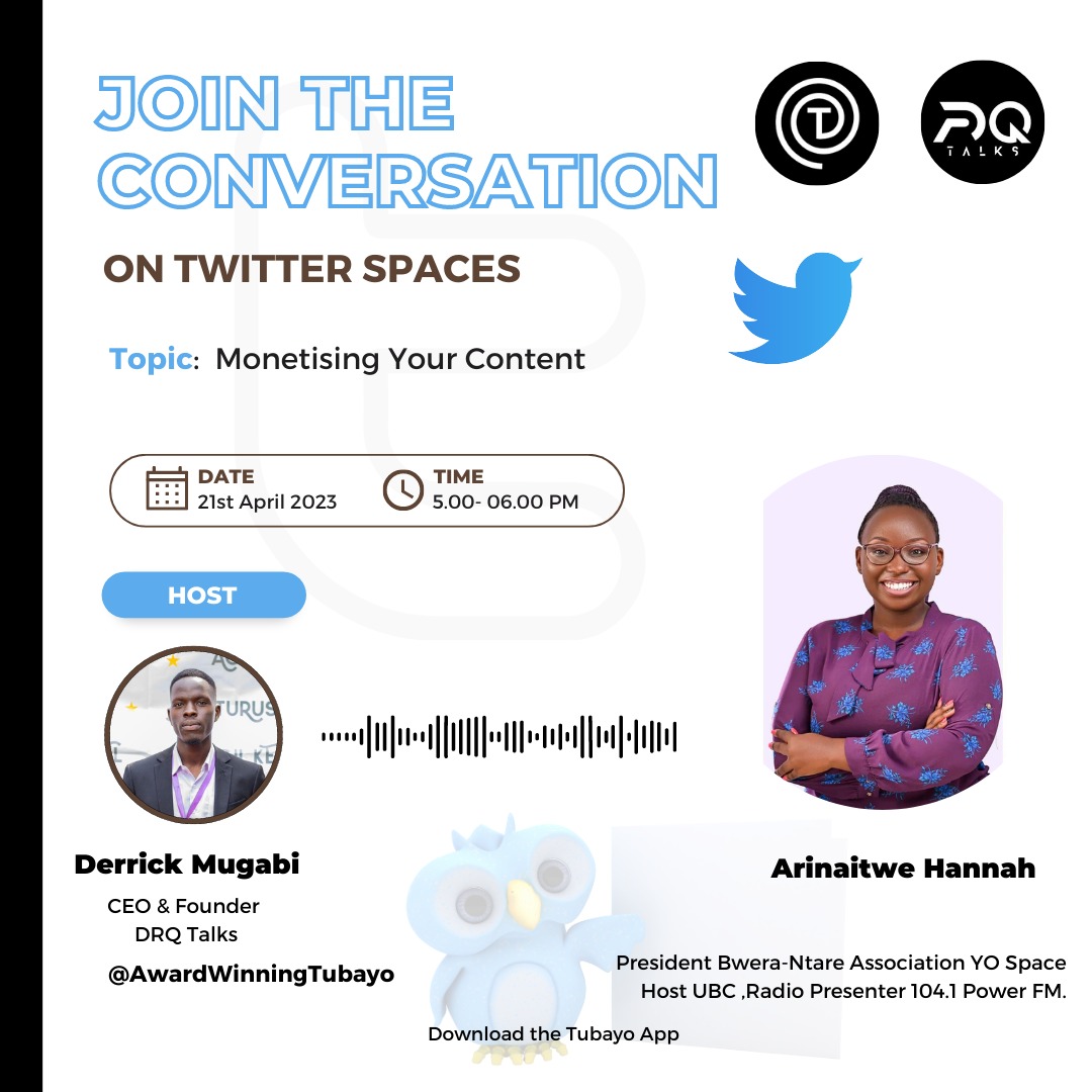 GeroToday's tweet photo. Mwebale Kujja😂😂, 5pm we are joining @tubayotravel's weekly  #TwitterSpace. @arinaitwehannah will be dropping gems on how to monetize your content and take your game to the next level! See you there!✌🏾 #monetizingcontent #socialmediastrategy https://t.co/1ih3bV3CTx
