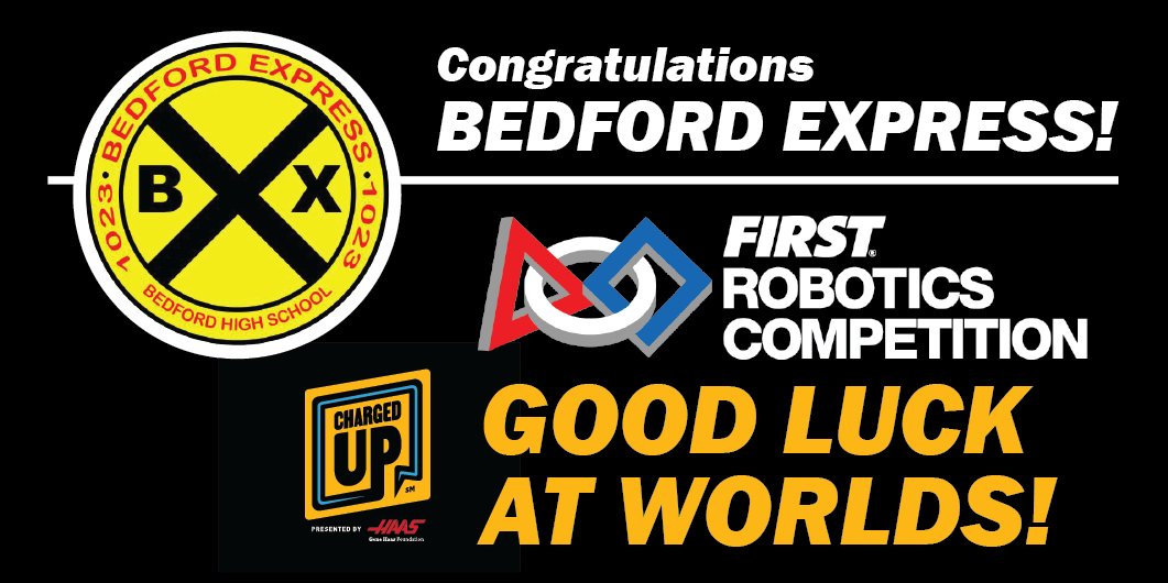 BedfordSchools's tweet image. BHS Robotics #1023 Bedford Express is competing in World Championship with 5 matches today. 

thebluealliance.com/event/2023new
Use green "Watch Now" button to see live video. 

Qual. Match 76: 10:02
Qual. Match 87: 11:20
Qual. Match 97: 1:43
Qual. Match 110: 3:15
Qual. Match 125: 5:01