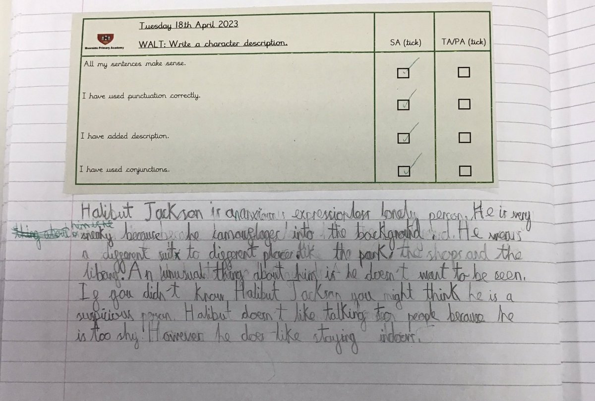 MissRutledgeMPA's tweet photo. Year 2 have written some fabulous character descriptions about Halibut Jackson using their Topic Dictionaries to help with spelling! 👏👏👏 #MoorsidePA #MoorsidePAEnglish @clpe1 @MoorsidePA https://t.co/D2ZXJDpupH