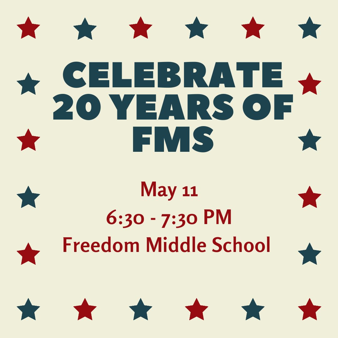 Freedom_MS_SCPS's tweet image. FMS is celebrating 20 years of educating children.  Mark your calendar for Thursday, May 11th at 6:30 p.m. Join us as we share fond memories, hear some patriotic music and thank the sponsor&apos;s who gave so generously to celebrate 20 years. Hope to see you here and spread the word.